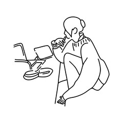 Girl sitting at the table on chair with laptop, headphones and tablet for studying. Minimal isolated illustration on white background 