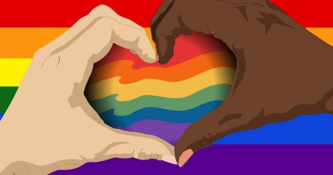 Animation of caucasian and african american hands forming heart over rainbow background
