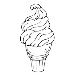 Linear sketch, doodles of summer dessert, ice cream in a waffle cup.Vector graphics.