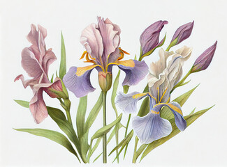Iris Flower Botanical Illustration, Blue Spring Flowers Realistic Painting, Abstract Generative AI Illustration