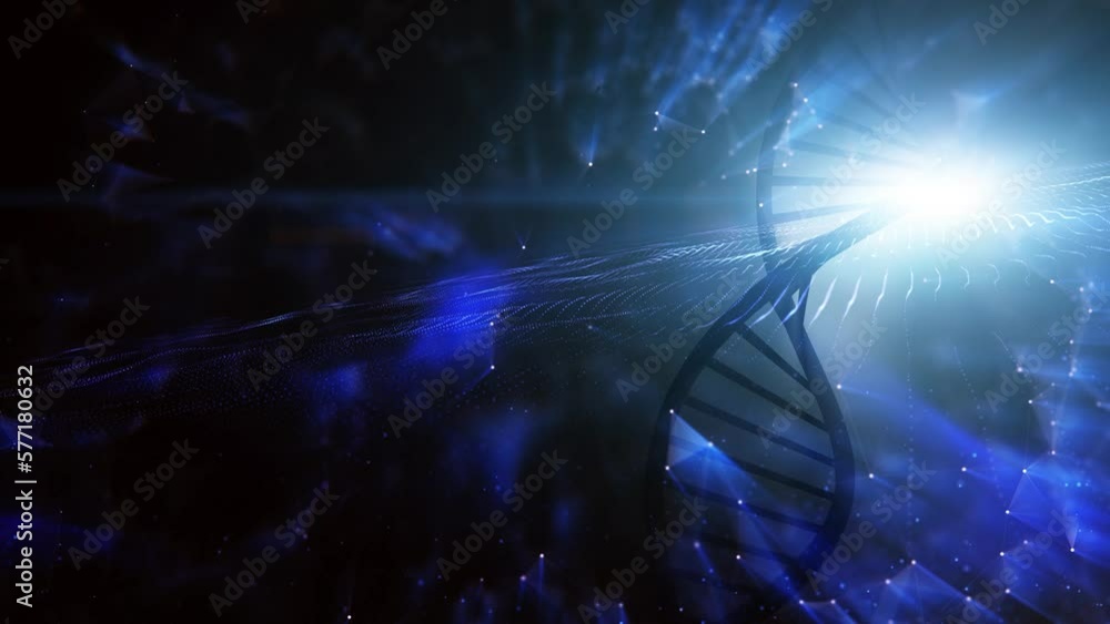 Poster artistic dark blue cyberspace with dna chain rotation loop animation. copy space science background.