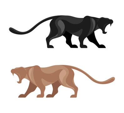 Vector illustration of a panther isolated on a white background. Charming brown and black panther characters roaring at each other in cartoon style. Logo design.