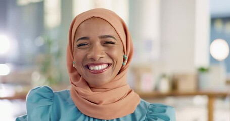 Face of muslim business woman in office planning, happy career and professional mindset for creative job. Young arabic, islamic or hijab person, worker or employee with smile for workplace inclusion - Powered by Adobe