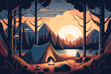 Fototapeta Stylized illustration with camping tent and campfire during sunset golden hour in woods near lake. AI generative obraz
