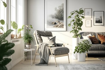 Scandinavian style living room interior, with house plants, and a recliner. White walls background. Generative AI