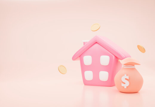 3d pink house icon with money bag and flying coins on beige background. Cartoon icon minimal style. The concept of buying, selling a house, mortgage, real estate website. 3d render illustration.