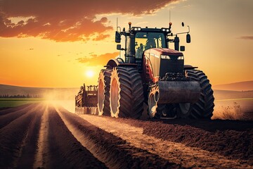 Tractor plowing the field, preparing soil for sowing seeds in sunset. Generative AI