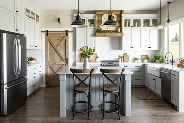 Bright, spacious and modern farmhouse style kitchen. Generative AI - obrazy, fototapety, plakaty