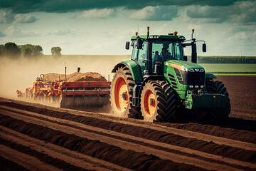 Tractor plowing the field, preparing soil for sowing seeds in sunset. Generative AI
