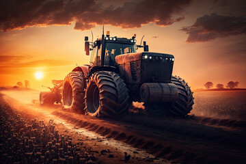 Fototapeta premium Tractor plowing the field, preparing soil for sowing seeds in sunset. Generative AI