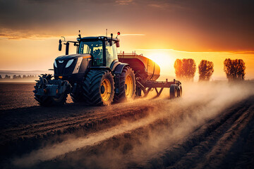 Fototapeta premium Tractor plowing the field, preparing soil for sowing seeds in sunset. Generative AI