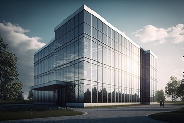 Fototapeta na wymiar Contemporary office building with a glass facade, modern style. Sun shining. Generative AI
