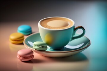 A cup of coffee with macaroons, delicious latte on plate