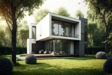 Very modern house with garden in front on a sunny day, with green lawn and trees. Generative AI