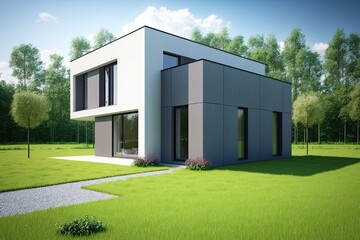 Very modern house with garden in front on a sunny day, with green lawn and trees. Generative AI