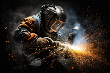 Welder welding metal, lots of sparks, wearing protective welding gear. Generative AI