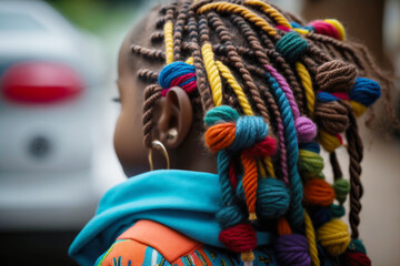 Child girl with zizi braids in afro style, rear view. AI generative - obrazy, fototapety, plakaty