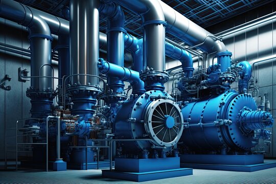 Industrial pump room in a power plant, blue colored pumps, valves and pipes. Generative AI