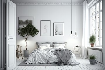 White bedroom interior. Scandinavian design. Bed and sheets. House plants. Generative AI