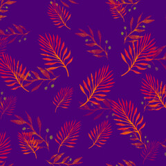 Fototapeta na wymiar Tropical Leaf Paintings. Pink Africa Wallpapers. Violet Tropical Leaves Hibiscus. Leaf Monstera Retro. Tea Pattern Watercolor. Autumn Vintage Palm Prints. Floral Hawaiian.