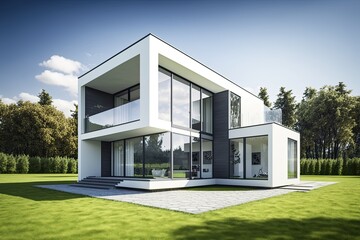 Ultra modern house, luxurious with green lawn and trees. Generative AI