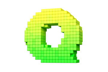 Arcade old school style pixels design font letter Q in yellow to green color scheme. High quality 3D rendering.