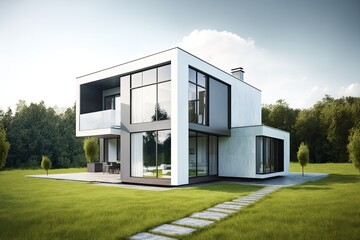 Ultra modern house, luxurious. Front porch with green lawn and trees. Generative AI