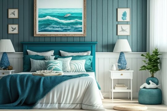 Coastal styled bedroom interior, sea decor and furniture, blue color, marine ocean style, generative ai