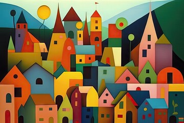 Multicolored European Village, Old Colored Town, Hand Drawing Imitation, Abstract Generative AI Illustration