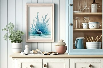 Fototapeta na wymiar Marine coastal styled kitchen furniture, ocean style, generative ai