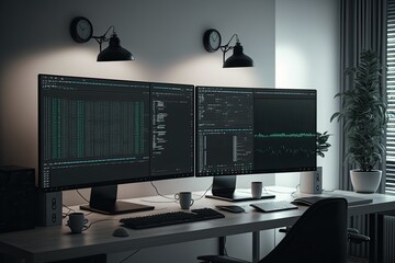 Modern office with two wide computer screens with programming code. Generative AI