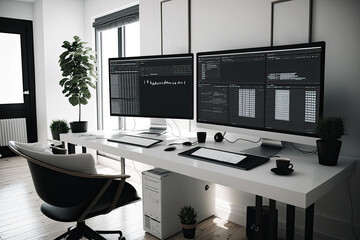 Modern office with two wide computer screens with programming code. Generative AI