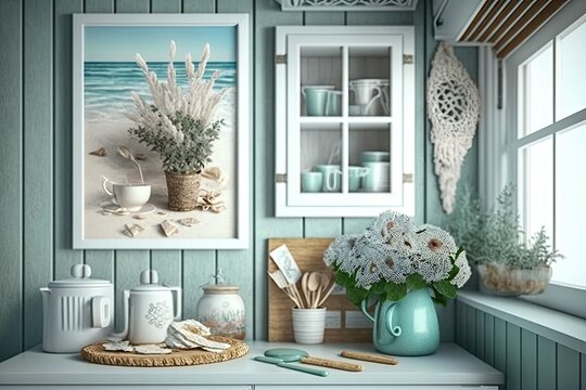 Marine coastal styled kitchen interior, sea decor and furniture, blue color, ocean style, generative ai