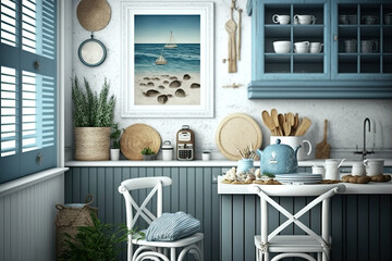 Marine coastal styled kitchen interior, sea decor and furniture, blue color, ocean style, generative ai
