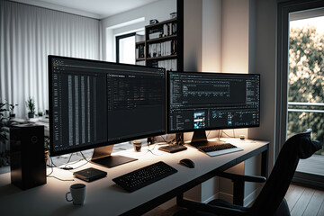 Modern office with two wide computer screens with programming code. Generative AI