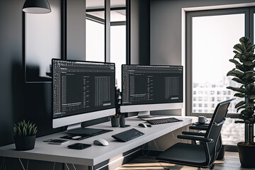 Modern office with two wide computer screens with programming code. Generative AI