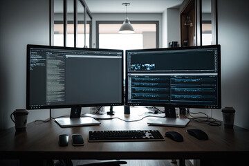 Fototapeta premium Modern office with two wide computer screens with programming code. Generative AI