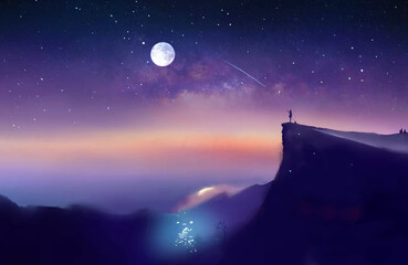 A boy stands on a mountain top, gazing down at a tranquil lake below. The moon's luminous light illuminates the water, creating a mesmerizing reflection. The boy takes in the stunning view.