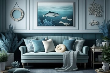 Coastal styled living room interior, sea decor and furniture, blue color, marine ocean style, generative ai