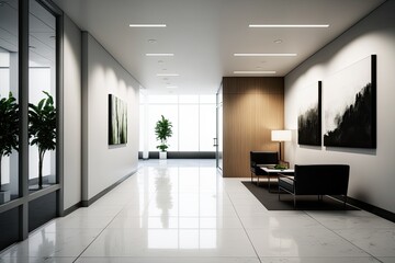 Interior of an luxurious office lobby with marble floors, white open spacious atmosphere. Generative AI