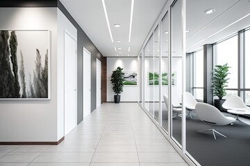 Fototapeta premium Interior of an luxurious office lobby with marble floors, white open spacious atmosphere. Generative AI