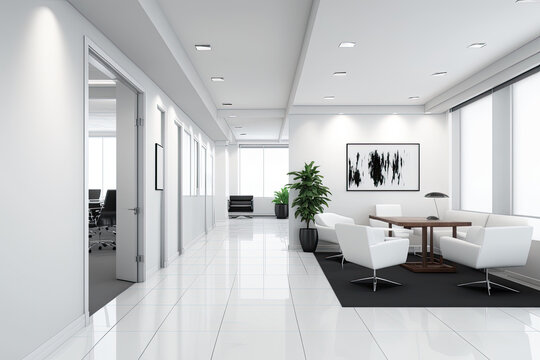 Interior of an luxurious office lobby with white floors, open spacious atmosphere. Generative AI