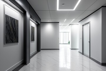 Interior of an luxurious office lobby with marble floors, white open spacious atmosphere. Generative AI