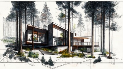 Fototapeta na wymiar Modern house in the forest 
