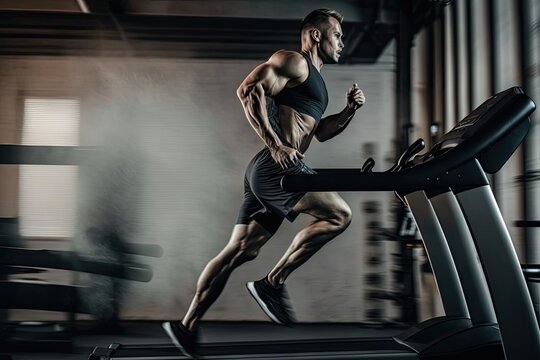 Man running on a treadmill in gym. Strong muscles. Training in gym. Generative AI