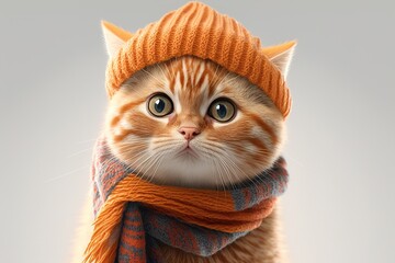 Red cat in a winter hat and scarf on a white plan.spring. Generative AI