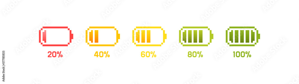 Poster battery charging process. different battery charge level. set of pixel battery charge level indicato