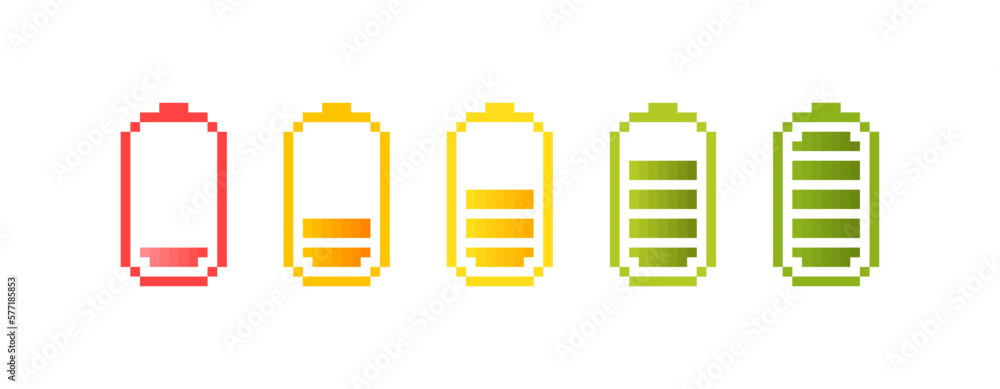 Poster battery charging process. different battery charge level. set of pixel battery charge level indicato