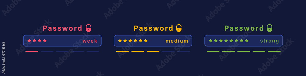 Poster password reliability indicator. password weak, medium and strong. authorization, login to account an