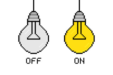 Pixel art light bulbs with switch on or switch off. 8-bit bulb icon concept for idea, thinking, creativity, brainstorming, solution. Logo design. Vector illustration
